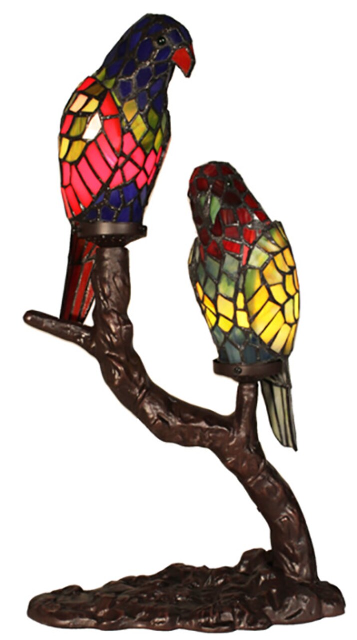 Two Parrots Genuine Stained Glass Shade & Lamp Base - Perfect for a Living Room, Bedroom, Office, & More